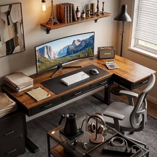 Image of OffiGo 63 Inch L Shaped Electric Standing Desk with 4 Drawers, Rustic Brown | Reversible Corner Table, Office Desk With 4 Drawers and Outlets For Home Office, Computer Workstation And Sit Stand Use