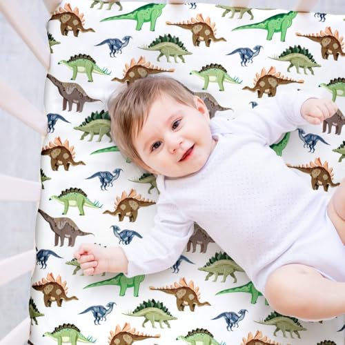 4 Pack Baby Boy Crib Sheets Set Soft Fitted Baby Boy Mattress Covers Construction Truck or Dinosaur Theme Breathable Toddler Sheets for Infant Boys (Dinosaur, Crib Sheets)