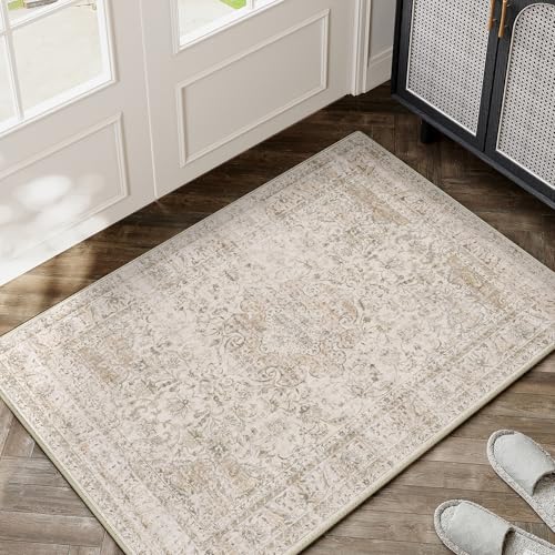 HUGEAR Waschbarer Beige Vintage Teppich im Eingangsbereich 60x90cm fußmatte badezimmerteppich Weich rutschfest Retro Kleiner Tepich Kurzflor Bad Schlafzimmer Carpet Bedroom Distressed Beige