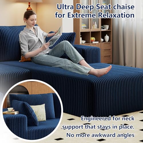 Image of 96 inch Modular Sectional Sofa, Modern Corduroy Cloud Couch with Deep Seat, Boneless Couch Upholstered 3-Seater L-Shaped Sofa for Living Room, No Assembly Required (Blue, Right-Facing Chaise)