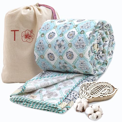 Image of TOAIArt Premium Jaipuri Dohar | AC Blanket Summer Quilt | Hand Block Printed | 3 Layers | Reversible | 150GSM 100% Mulmul Cotton | 100% Cotton Flannel Filling | Queen 90 inch X 108 inch |Small Blue Jaal