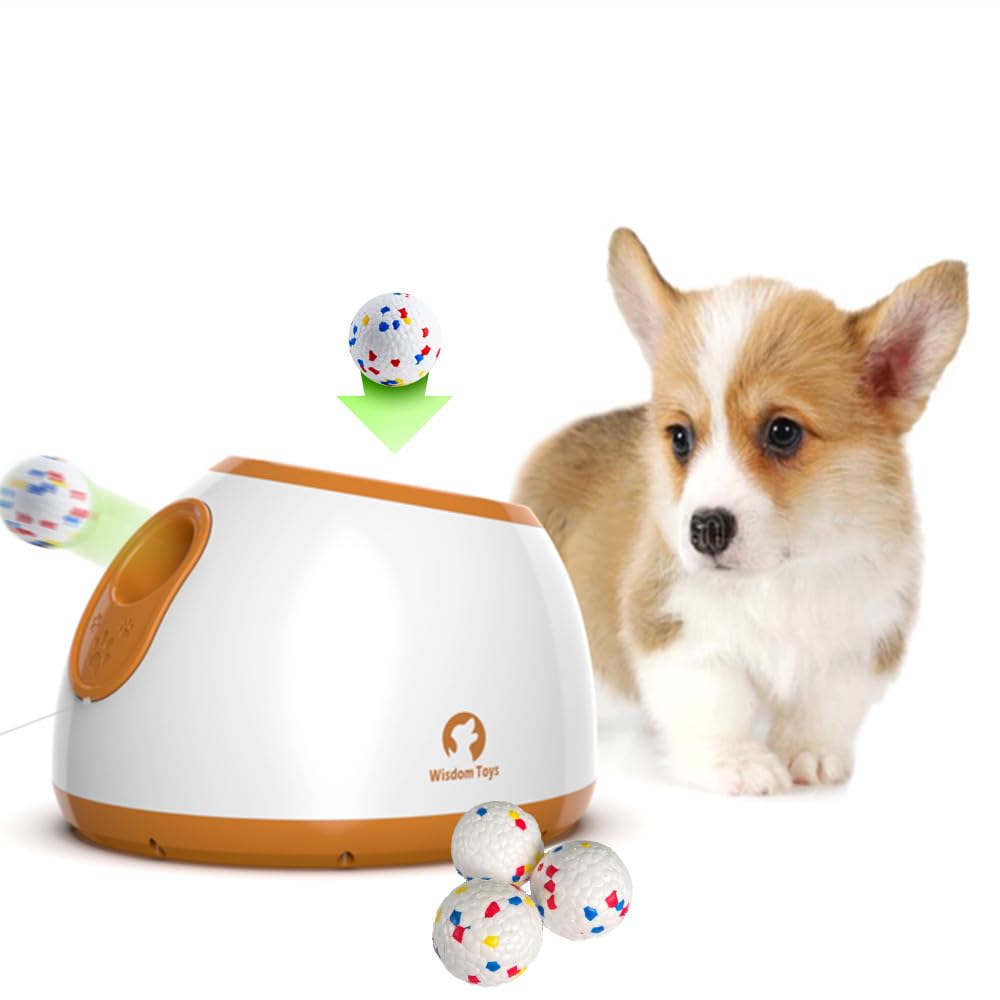 Lanceur de balles automatique pour chien – Petite machine de lancer de balles automatique interactive amusante pour chien avec 3 balles en latex durable, distance de tir réglable de 3 à 9 m, adaptée