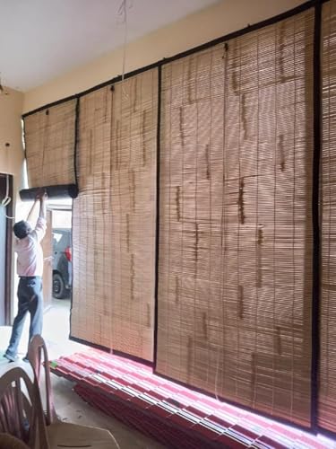 Image of BambooAura Natural Bamboo Roll-Up Window Shade Blind | Light Filtering Bamboo Chick Curtain | Eco-Friendly Sun Protection (4ft x 7ft - W x H) (Natural Beige With Dark Green Border, (5ft x10ft -W x H))