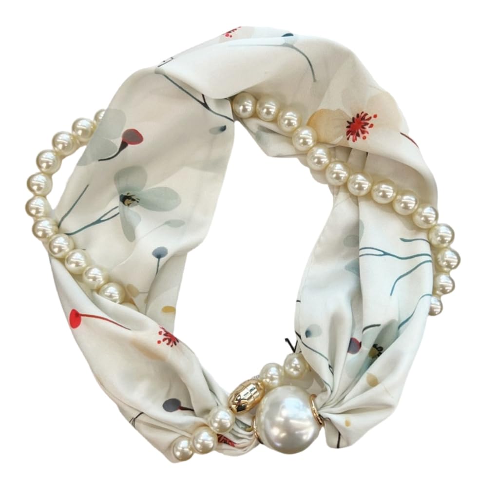Queenyard Women's Colorful Scarf, Magnetic Clasp Pearls Chain Necklace Floral Satins Scarf Elegant Silk Skinny Narrow Neckerchief For Fashionable