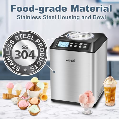 2.6 Qt Ice Cream Maker with Compressor, LCD Digital Display & Timer, No Pre-freezing, Countertop Gelato Makers, Automatic Ice Cream Machine for Homemade Use, Stainless Steel, 10-year-Warranty