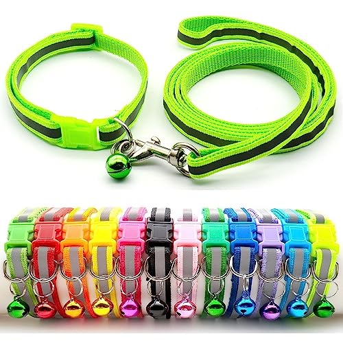 Small Dog Puppy Pet Collar and Lead Set Reflective Hi-Vis Strip Nylon Adjustable Size 19-32cm Collar with Bell and 120cm Leash Bright Green