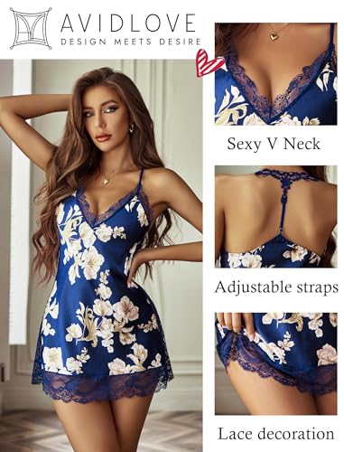Image of Avidlove Women Lingerie Satin Lace Chemise Nightgown V Neck Mini Babydoll Sexy Full Slips Sleepwear S-4XL