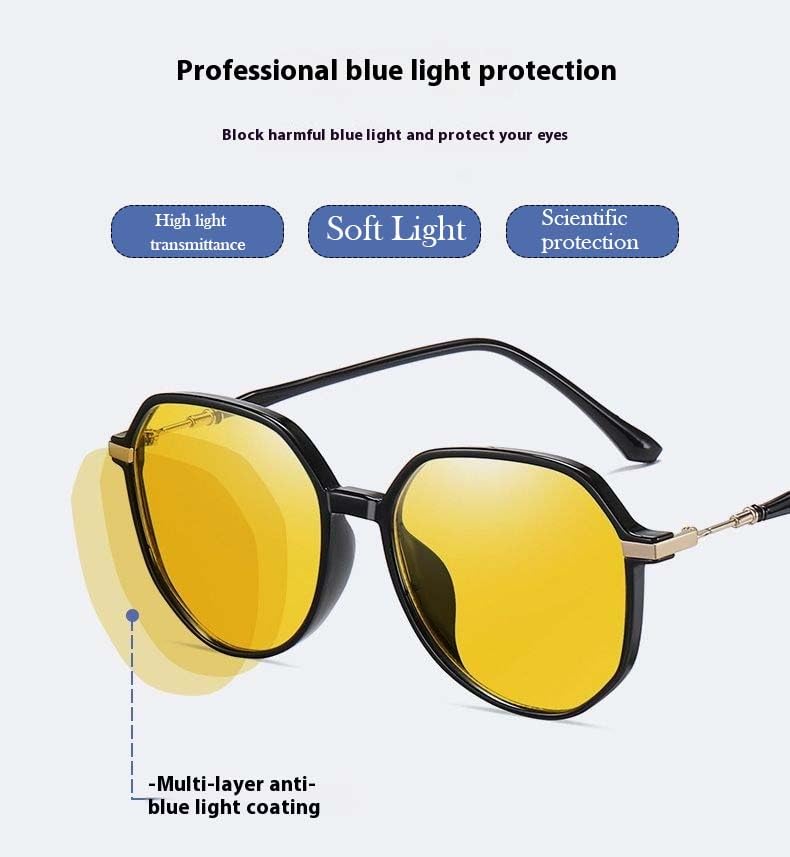 Image of Blue Light Blocking Gaming & Night Driving Glasses - Retro Black Polygonal Frame, Anti-Fatigue Yellow Lenses with Metal Accents for Computer Work & Fashion