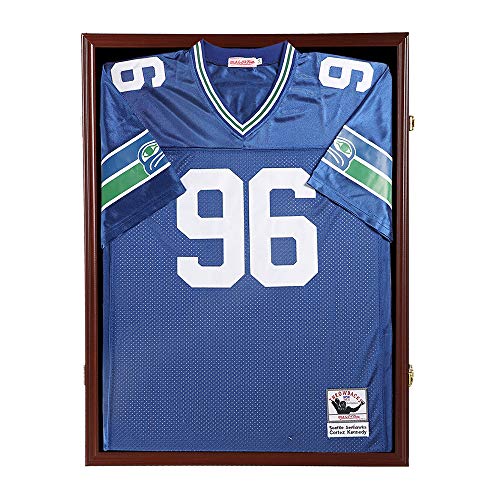 Snail Jersey Frame Display Case Large Lockable Frames Shadow Box with UV Protection Acrylic for Baseball Basketball Football Soccer Hockey Sport Shirt, Hanger and Wall Mount Option, Mahogany Finish