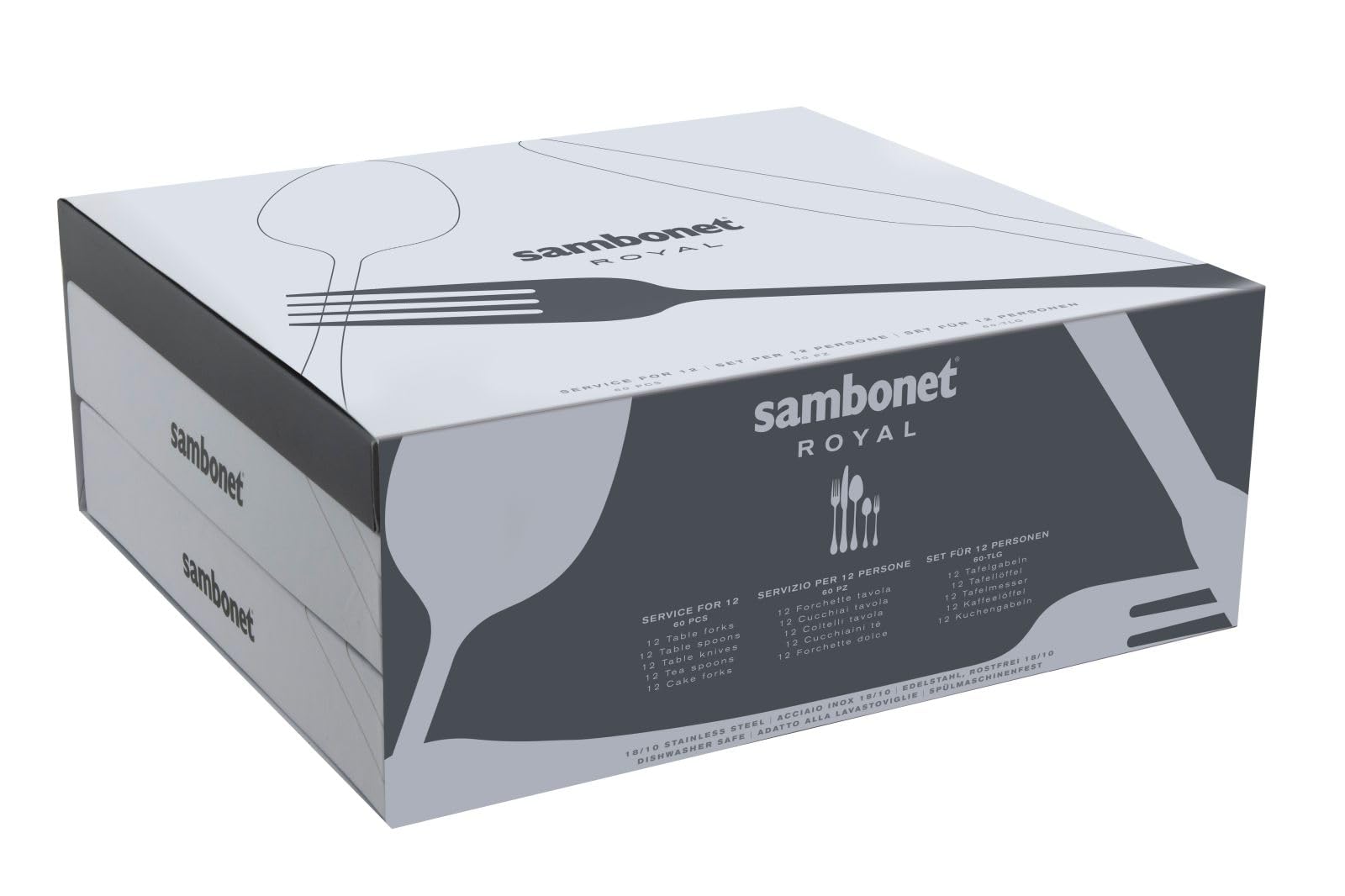 Sambonet 52563-N2 Royal Inox - Set di Posate da Tavola monoblocco in Acciaio Inox 18/10, per 12 persone, 60 pezzi: 12 forchette, 12 cucchiai, 12 coltelli, 12 cucchiaini da tè, 12 forchette dolce
