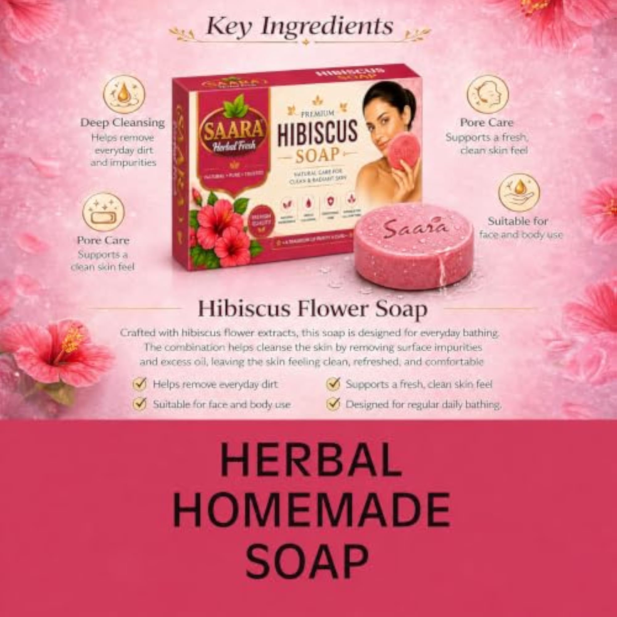 Handmade Hibiscus Soap, 90g, Pure Coconut Oil