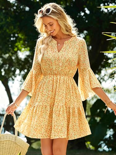Image of Womens Spring Summer Mini Dress Western Ruffled Sleeve Chiffon V Neck Flowy A Line Short Wedding Guest Party Dresses