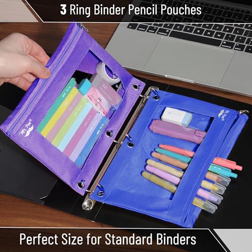 Image of Mr. Pen- Pencil Pouch for 3 Ring Binder, 2 Pack, 10 inchx6.75 inch, Smooth Zipper | Clear Window, Large Capacity Pencil Case with 3 Reinforced Grommets for School, Office, Supplies Storage | Clear Window, Large Capacity Pencil Case with 3 Reinforced Grommets for School, Office, Supplies Storage