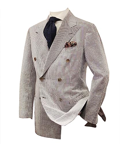 Men Gray Striped Seersucker Suit Double Breasted Blazer Groom Tuxedo Prom Business Wedding Wear Beach Casul Suit
