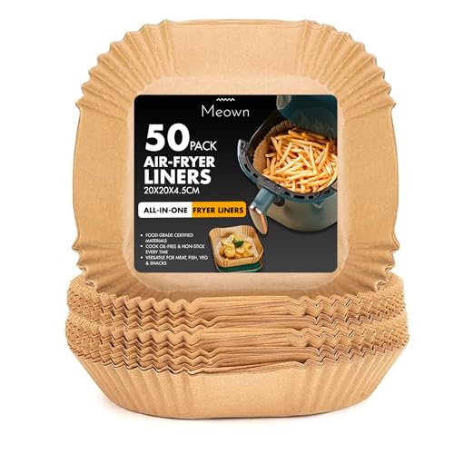Meown Air Fryer Liners 16x16x4.5cm, 50PCS Square Disposable Parchment Paper Liners, Non-Stick Greaseproof Baking Paper Sheets for Air Fryer, Oven, Roasting, Frying & Cooking, Heat Resistant