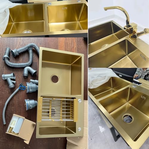 Fregadero de doble lavabo dorado 80 cm acero inoxidable para cocina con tapón de drenaje 4