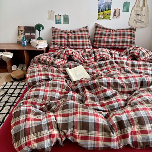 Image of LifeTB Red Brown Plaid Comforter Set Queen, 3 Pieces Vintage Checkered Grid Bed Comforter with 2 Pillowcases, Breathable Soft Comfy Farmhouse Plaid Pattern Printed Gingham Bedding Comforter Set