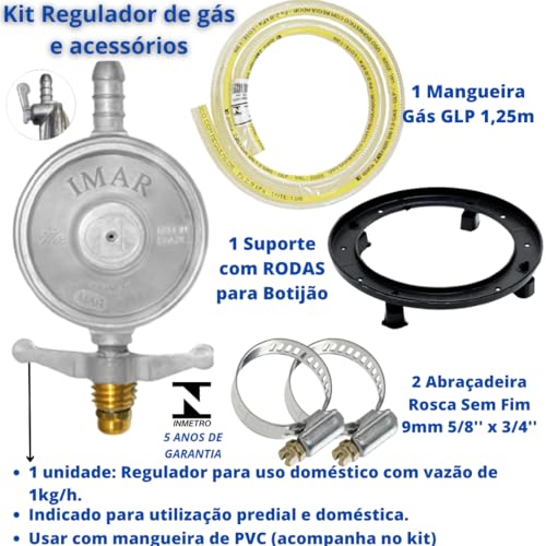 Registro Regulador Gás de Cozinha Kit Mangueira 1,25m Abraçadeira Suporte botijão registro pressao c