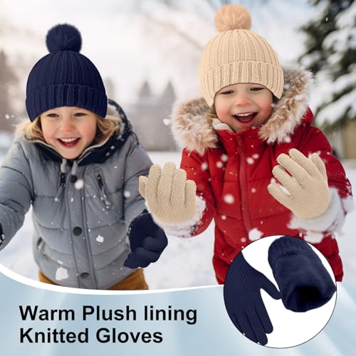 Image of JaGely Kids Beanie and Glove Set Winter Snow Warm Hat and Gloves Unisex Knit Hat with Pompom Full Fingers Ski for Boys Girls