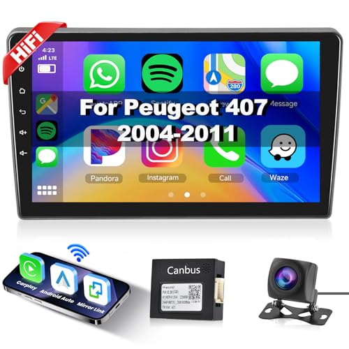 Hodozzy Android Radio Coche para Peugeot 407 2004-2011 Carplay Android Auto Radio Bluetooth 2 DIN con Autoradio 9 Pulgadas Touchcreen GPS/WiFi/FM/RDS/HiFi/USB+AHD Camara Maecha Atras