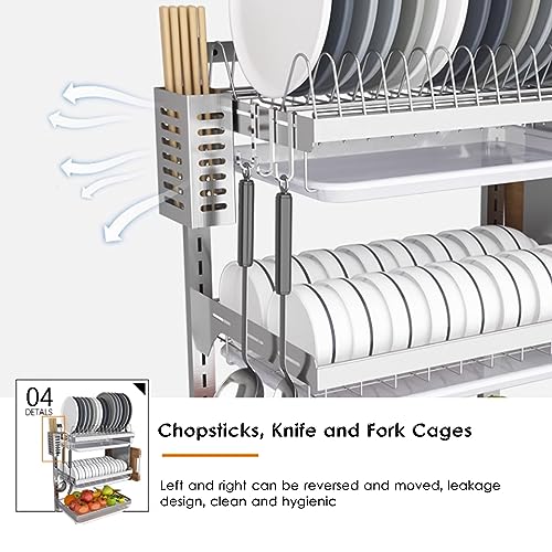 304 Stainless Steel Wall-Mounted Dish Drying Rack, Adjustable Height Dish Drainer with Cutting Board Holder, Dish Rack for Kitchen Organizer Space Saver - Silver