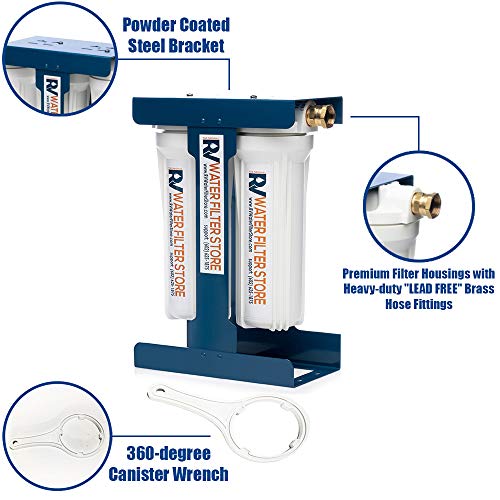 Image of Essential RV Water Filter System with Universal Blue Cage Mounting Bracket and Brass Hose Fittings + Warranty