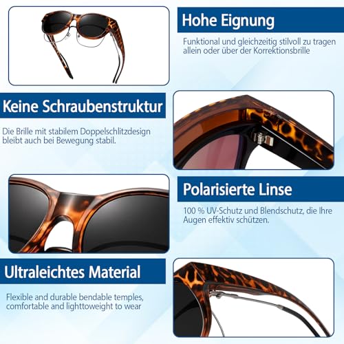 Sonnenbrille für Brillenträger, Sonnenbrille über Normale Brille, 6 Stück überbrille für Brillenträger Satz (mit 2 Lederetui und 2 Reinigungstuch), Überbrille für Autofahrer und Outdoor-Aktivitäten