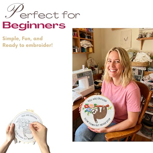 Image of La glaneuse 3 Pack Embroidery Kit for Adult, Beginner Embroidery Kit of Positive Sloth Patterns with Positive Healling Quotes for Mental Healing