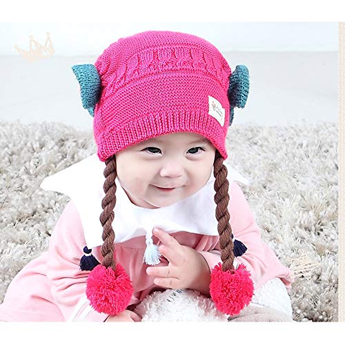 Imleck Toddler Infant Girls Cute Soft Winter Knit Warm Wig Hat With Cotton Lining Rose Red #TOP2