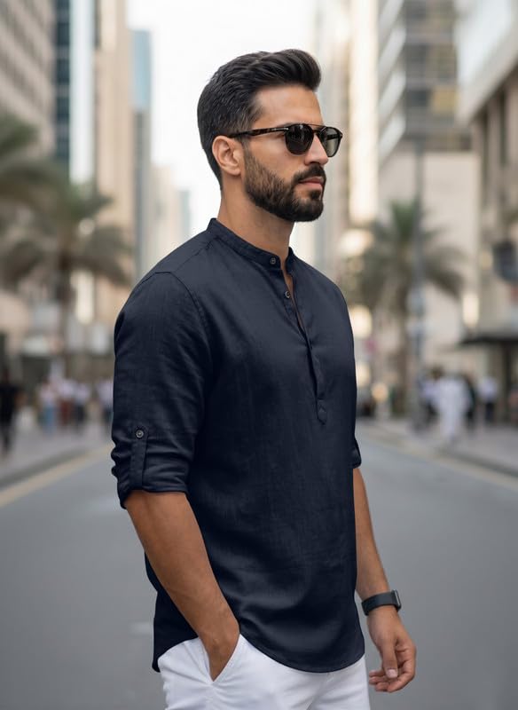 Image of Men Cotton Blend Mandarin Collar Casual Kurta Shirt | Roll-Up Sleeves | Regular Fit Ethnic Short Kurta for Daily