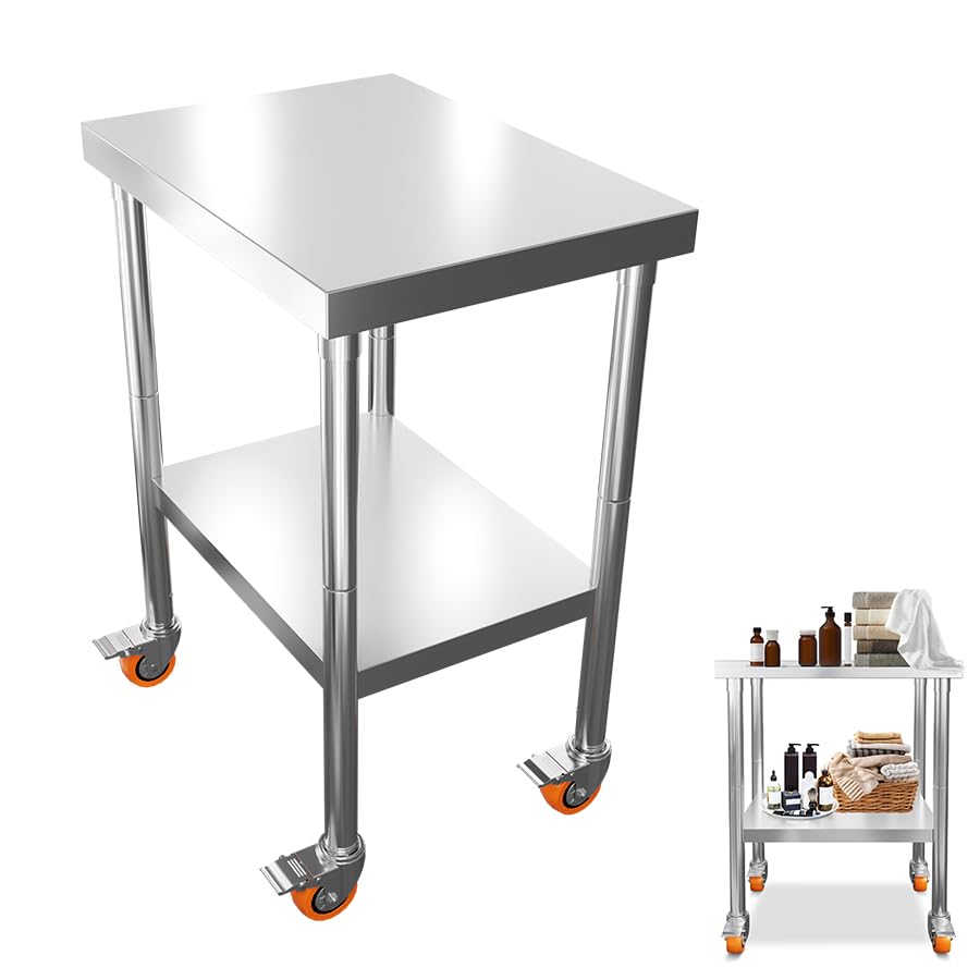 Aufun Mesa de trabajo de acero inoxidable, 61 x 60 x 85 cm, con ruedas y 2 niveles, mesa de trabajo móvil para cocina, comercio, restaurante y hotel, mesa de preparación de alimentos de acero