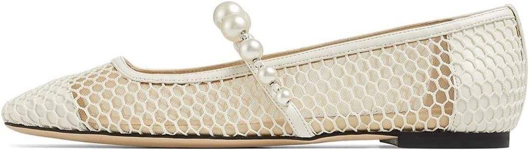 FOWT Women Square Toe Slip on Flats Pearl Studded Strap Elegant Pumps Wedding Bride Prom Dressy Shoes Size 4-15 US