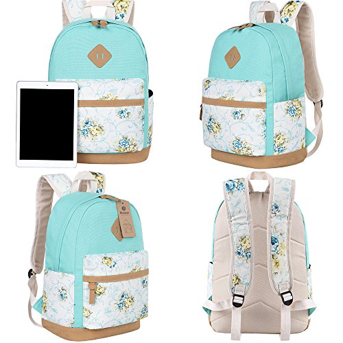 Bluboon Canvas School Backpack Set 3 Pieces Lightweight Teen Girls Bookbags Insulated Lunch Bag Pencil Case (Water Green-Flower) #TOP3