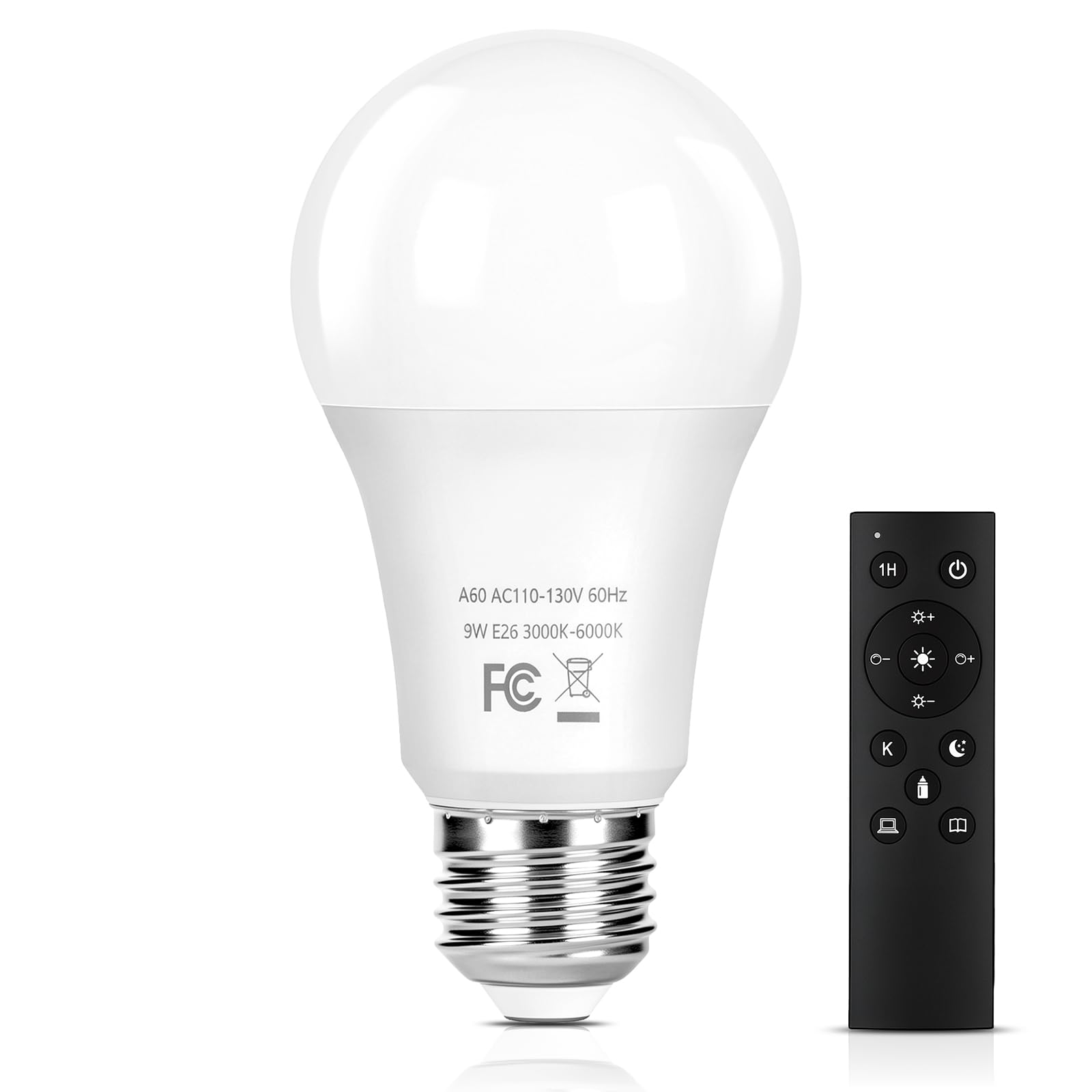 3000K-6000K, 900LM, CRI 90+, Energy Saving LED Bulbs with Timer for Living Room Bedroom Table Lamp Floor Lamp, 1-Pack Yochoice A19 Remote Control Light Bulbs 9W, Dimmable, 60 Watt Eq, E26 Base