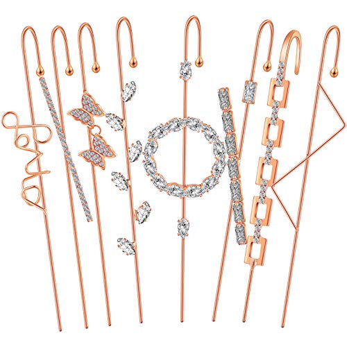 8 Pieces Ear Cuff Wrap Crawler Hook Earrings Cubic Zirconia Rhinestone Cuff Earring Climber Piercing Earrings for Women (Rose Gold)