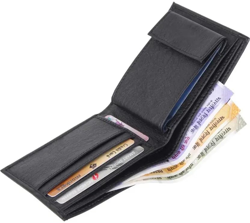 Image of Classic Black Leather Bifold Wallet, Multiple Card Slots, Currency Compartment, Slim Design for Men