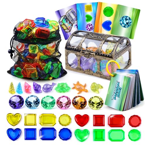 SIENON Tauchspielzeug für Kinder 109 Stück Pool-Spielset für die Unterwasser-Schatzsuche 60 sinkende Edelsteine 8 Meerestiere 1 Piraten-Schatzkiste 38 wasserfeste Karten Spaß Wasserspielzeug