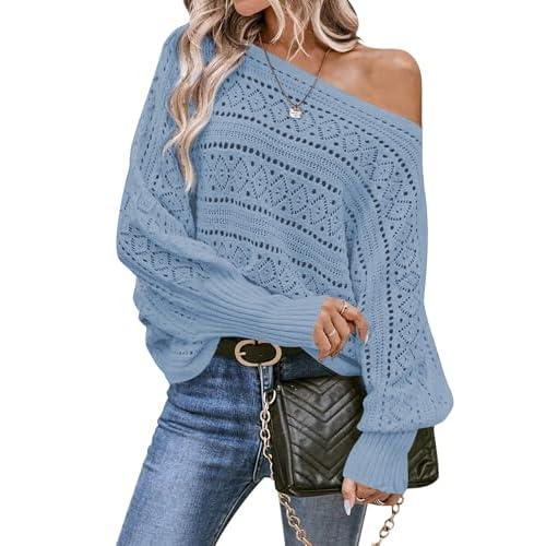 Cakulo Womens Off Shoulder Sweater Top Fall Outfits Fashion 2025 Oversized Knit Batwing Long Sleeve Crochet Pullover Sweaters X-Large Blue