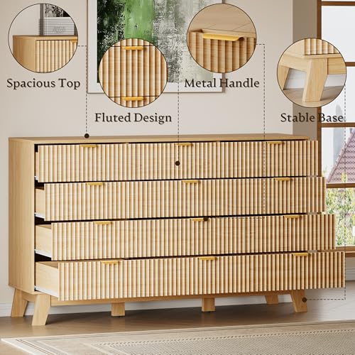 Image of BORNOON 57 inch Wide Dresser for Bedroom, 12-Drawer Fluted Dresser with Metal Handles, Wood Chest of Drawers with Smooth Slides and Stable Base, Modern Storage Cabinet for Living Room, Nursery
