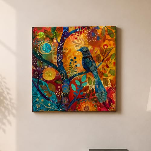 Image of PAINTINGMANTRA Abstract Birds Nature Stretched Canvas Painting for Living Room | Modern Tree Artwork Wall Decor Art For Livingroom, Bedroom, Office, Hallways - 16x16 Inch