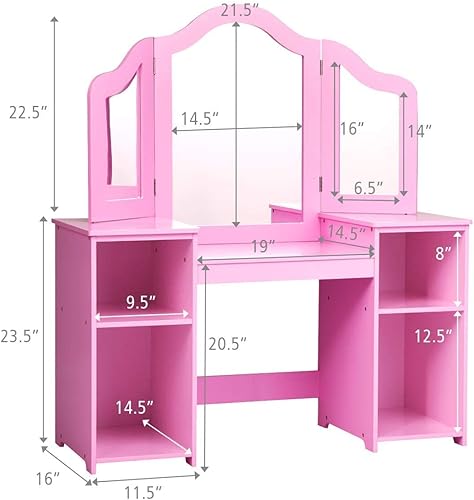 Miniatura 52 de AKUSTIK Juego de tocador y silla de madera rosa 2 en 1 para niños pequeños con espejo desmontable de tres pliegues, estantes de almacenamiento,
