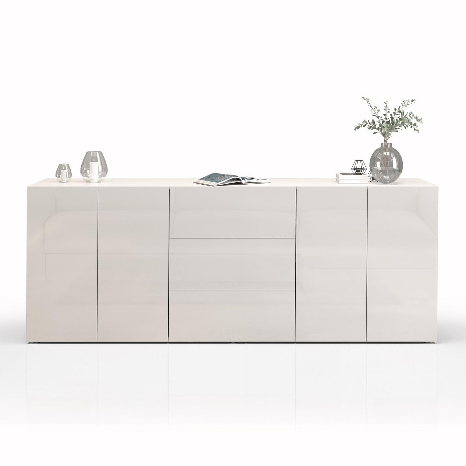 WHOUS Credenza e Buffet EGYPT per Soggiorno con 4 Ante e 3 Cassetti, Madia per Salotto, Cucina e Sala da Pranzo in Legno, 200x40x80 cm, Bianco Laccato Lucido