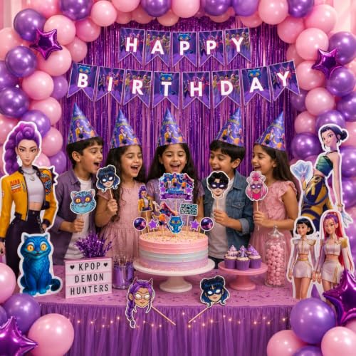 Image of Wanna Party Korean Pop Demon Hunters Birthday Decoration Kit | Happy Birthday Banner, 40 Pink & Purple Balloons, 8 Party Hats, 5 Character Cutouts, 5 Photo Booth Props & Cake Topper Set