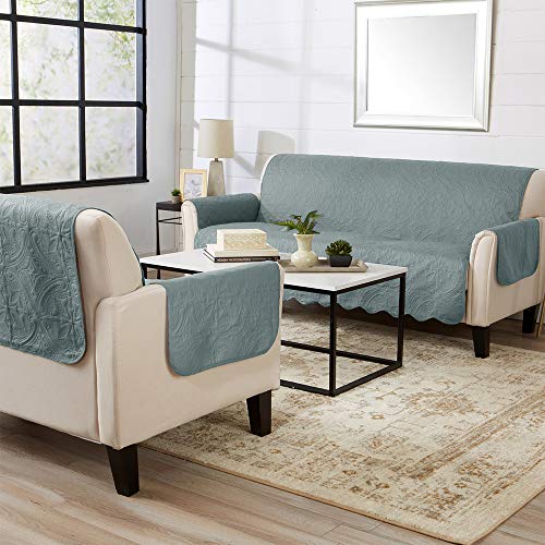 Image of Great Bay Home Reversible Sofa Cover - Washable Slipcover Furniture Protector with Elastic Straps - Perfect for Kids & Pets - Quilted & Stitched Detail (Mirage Gray /Flax)