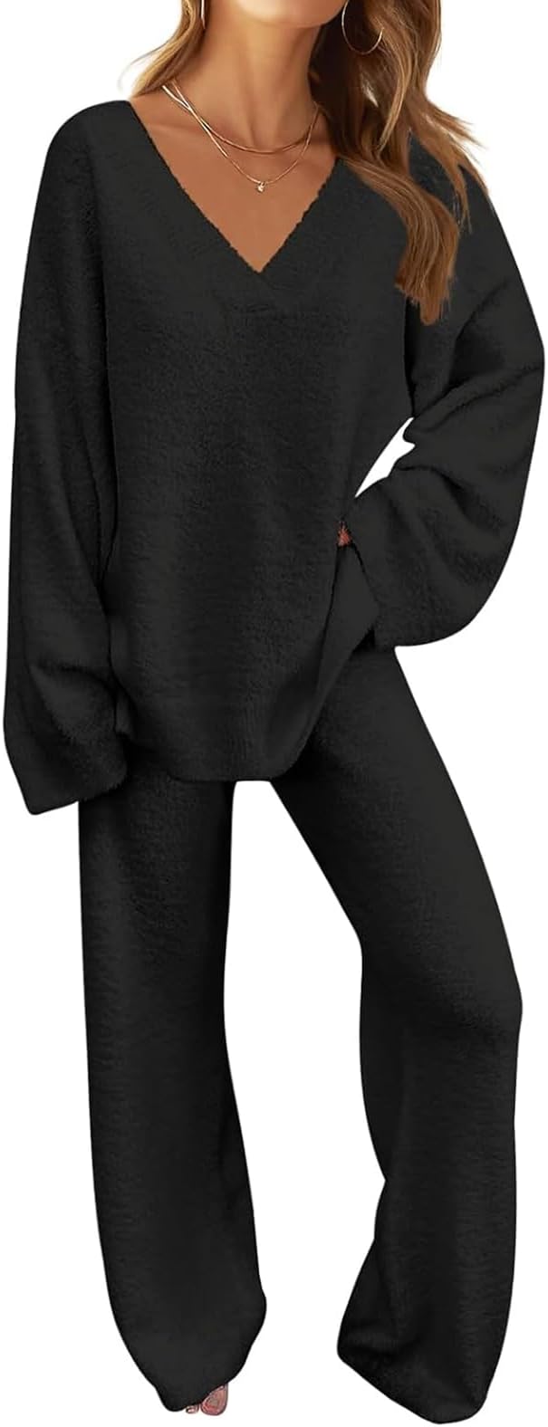 TECREW Women's Fuzzy Fleece Lounge Sets 2 Piece Outfits Long Sleeve Top Wide Leg Pants Pajama Sets