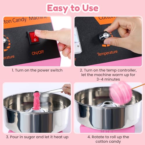 Cotton Candy Machine Commercial, 1000W Efficiently Cotton Candy Maker Machine with Stainless Steel Bowl, Sugar Scoop, Easy & Safe to Use, Candy Floss Maker for Kids, Home, Party, Birthday, Festival