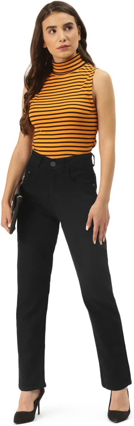 PARIS HAMILTONWomens/Girls High Waist Boy Friend fit Denim Jeans Straight Fit, Jet Black, 32