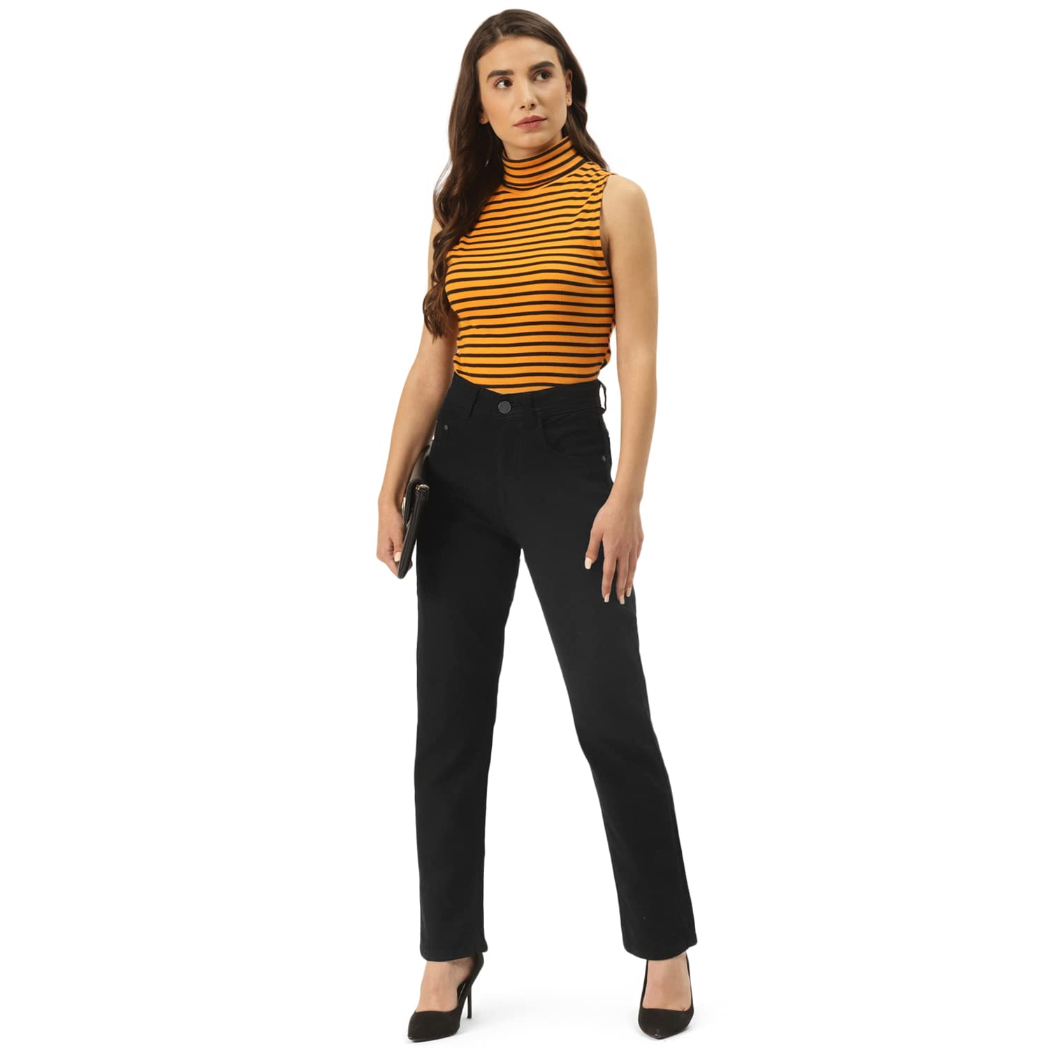 PARIS HAMILTONWomens/Girls High Waist Boy Friend fit Denim Jeans Straight Fit, Jet Black, 32