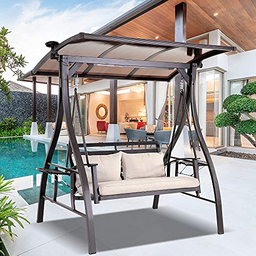 2-Seater Outdoor Swings, Patio Swings Clearance for Porch, Garden, Backyard, Balcony with Adjustable Canopy, Solar Lights, Seat Cushion and 2 Pillows, 2 Foldable Side Table 2-Seater Outdoor Swings, Patio Swings Clearance for Porch, Garden, Backyard, Balcony with Adjustable Canopy, Solar Lights, Seat Cushion and 2 Pillows, 2 Foldable Side Table
