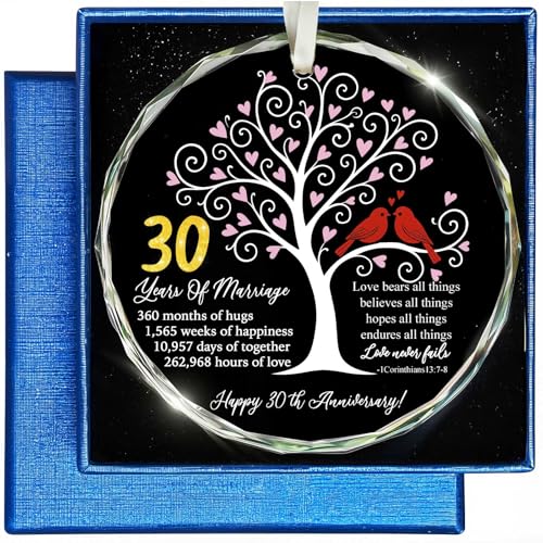 30th Wedding Anniversary Glass Ornament – Love Tree & Birds with Bible Verse – Pearl 30 Year Marriage Keepsake Gift for Parents, Couples, Wife, Husband – Elegant Christian Hanging Decoration